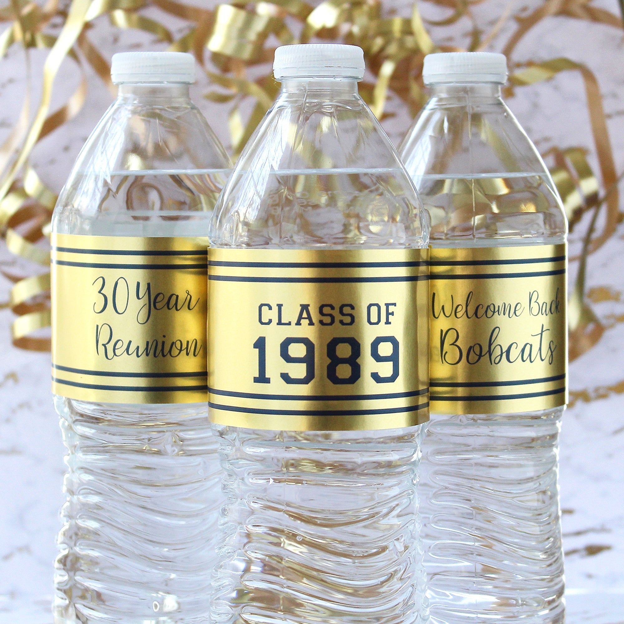 Blue Gold Personalized Class Reunion Water Bottle Label Stickers